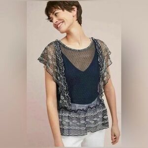 ANTHROPOLOGY Meadow Rue Sloane Navy Sheer Dotted Mesh Blouse Size Large Petite